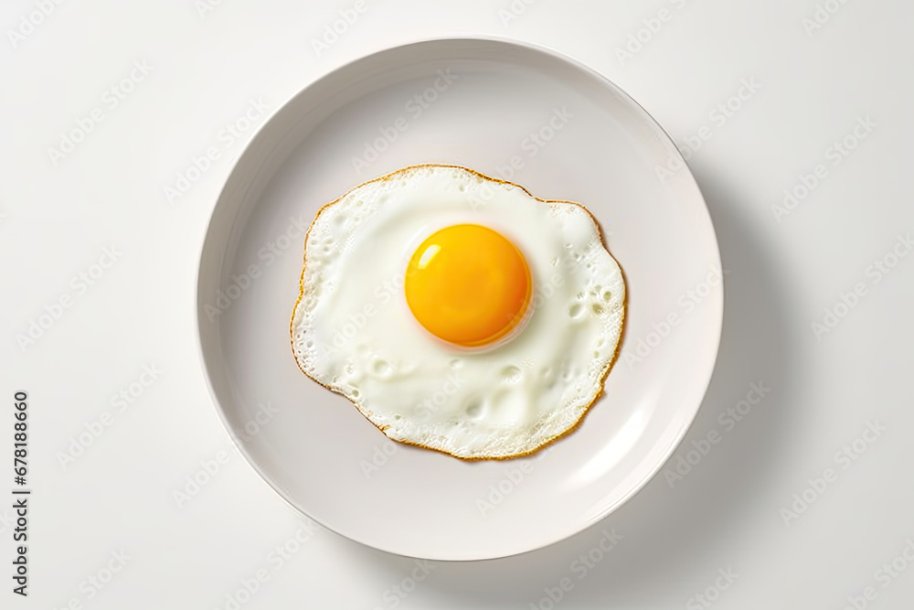 tasty one fried egg on a white plate  isolated on white background, top view