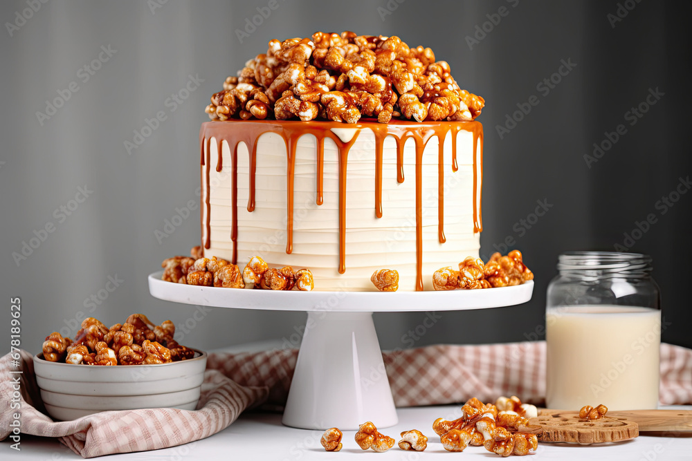 cake with nuts, Caramel drip cake decorated with popcorn and pretzels on white table