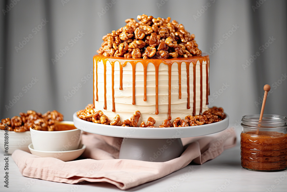 cake with nuts, Caramel drip cake decorated with popcorn and pretzels on white table