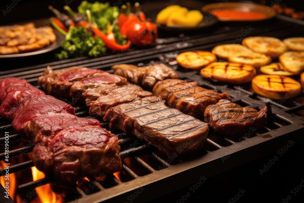 meat on the grill, A spread of diverse cuts of meat on a churrasco grill