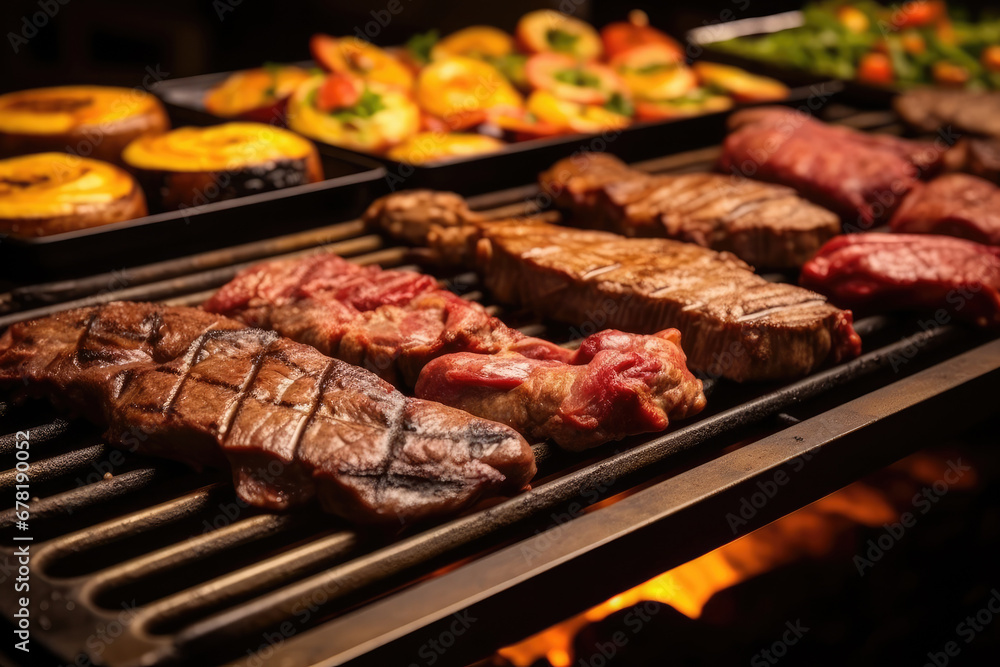 meat on the grill, A spread of diverse cuts of meat on a churrasco grill