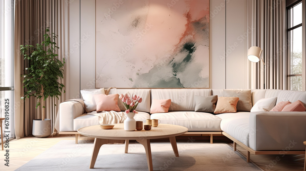 modern living room interior with sofa, Grey sofa with pink pillows and blanket against white wall with abstract art poster. Interior design of modern living room