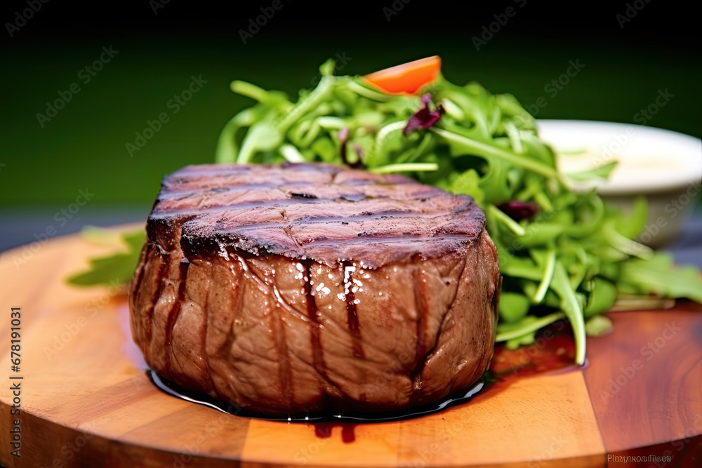 grilled steak on a wooden plate, grilled steak with rosemary, Grilled filet mignon on bed of fresh arugula