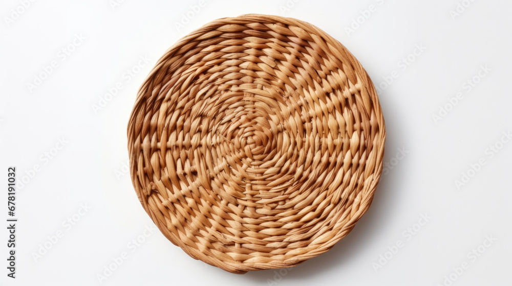 Circular wicker texture background, wicker basket isolated on white, top view