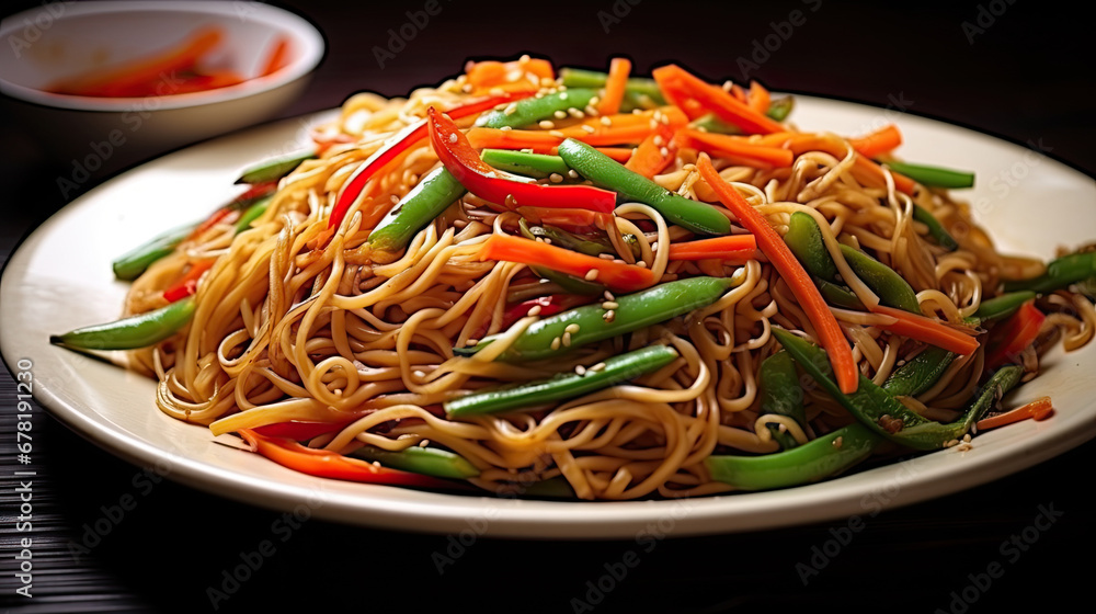 thai papaya salad with shrimp, A vegetarian Asian style dinner that includes rice or potato noodles mixed with bell peppers carrots green beans onions sesame seeds