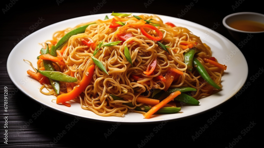 thai papaya salad with shrimp, A vegetarian Asian style dinner that includes rice or potato noodles mixed with bell peppers carrots green beans onions sesame seeds