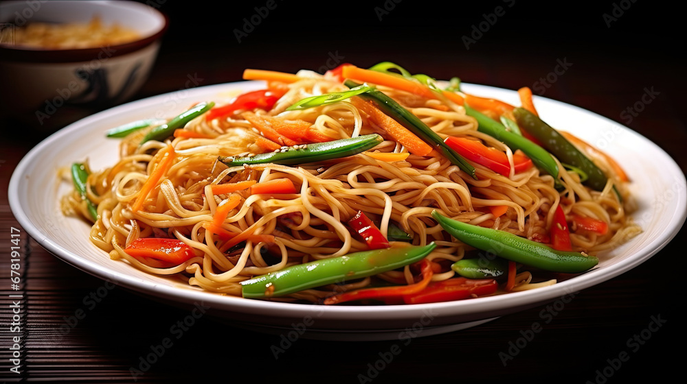 thai papaya salad with shrimp, A vegetarian Asian style dinner that includes rice or potato noodles mixed with bell peppers carrots green beans onions sesame seeds