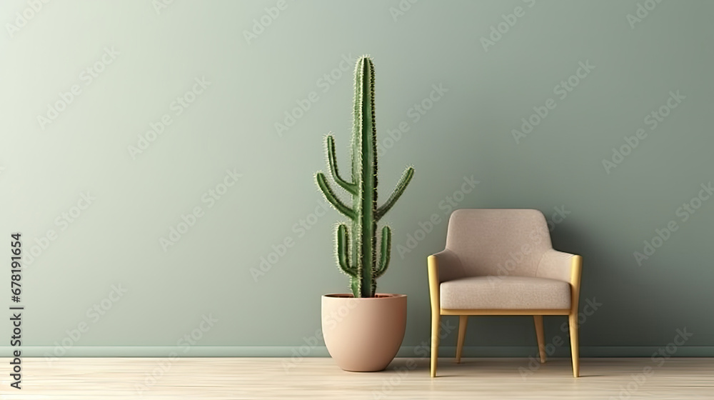 design of living room with  large cactus, chair,  green wall with copy space, Concept for a wall mockup with a minimalist design featuring a large cactus, chair, and a dry branch in a pot.