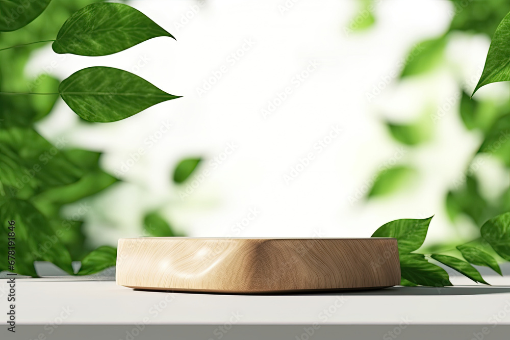 Cosmetics product advertising stand. Exhibition wooden podium on green background with palm leaves and shadows. Empty pedestal to display product packaging. Mockup