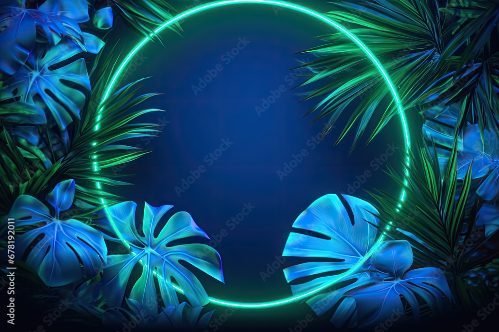 Green and Blue Neon circle Light with Tropical Leaves, tropical island with palm trees, copy space