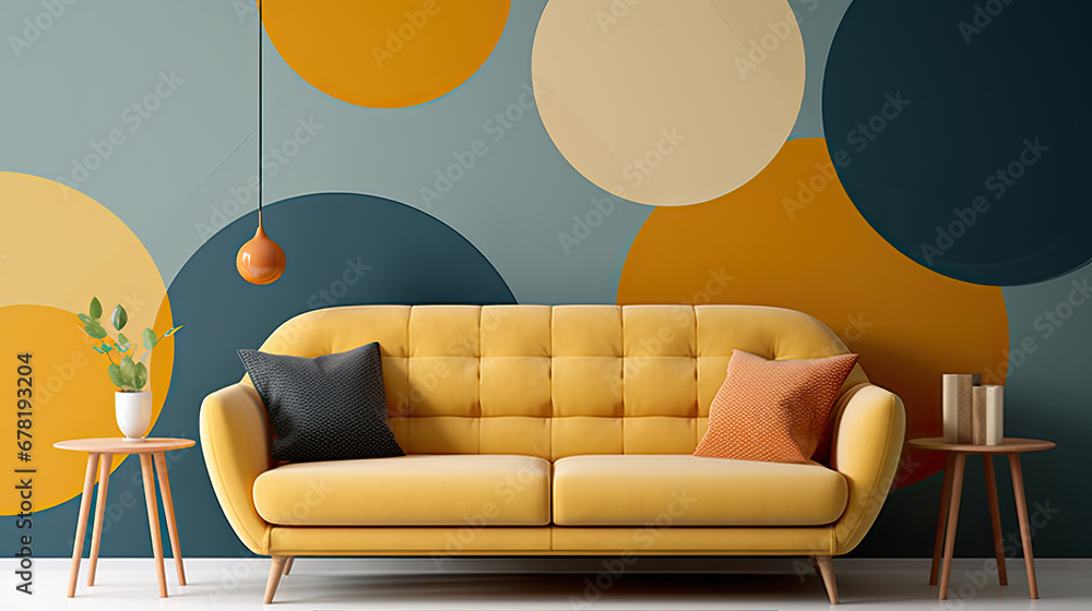 yellow sofa and armchair on abstract wall,Yellow loveseat sofa and side tables against of colorful circle patterned wall. Mid century interior design of modern living room.