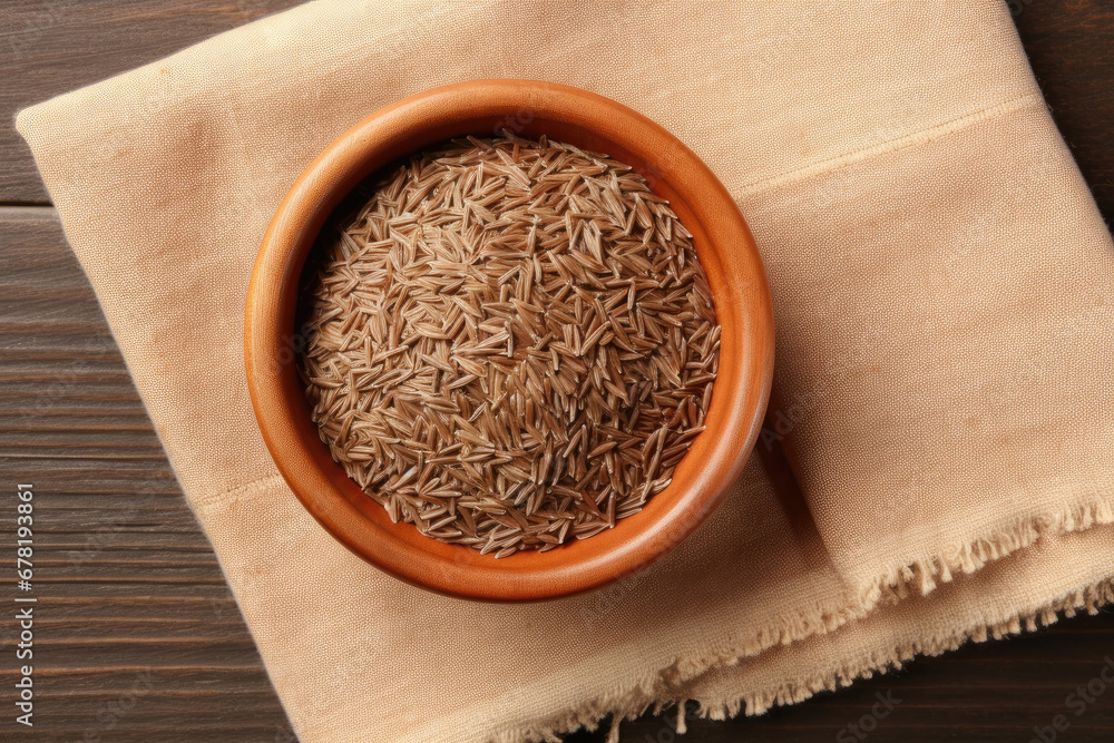 rice in a bowl, Bowl of caraway seeds and napkin on wooden table, top view