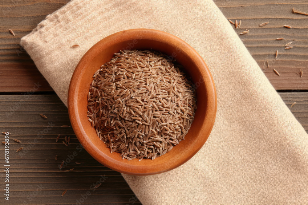 rice in a bowl, Bowl of caraway seeds and napkin on wooden table, top view