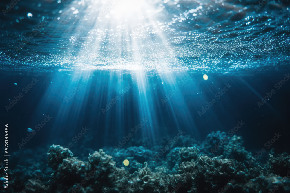 Blurry Underwater of tropical sea, sun rays passing through water.. beautiful underwater with coral and fish in sea