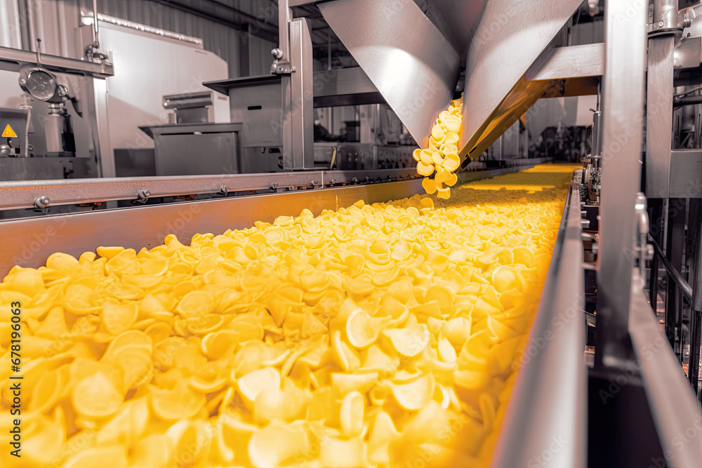 Conveyor line for frying potato chips production at modern food factory., grain elevator in the factory