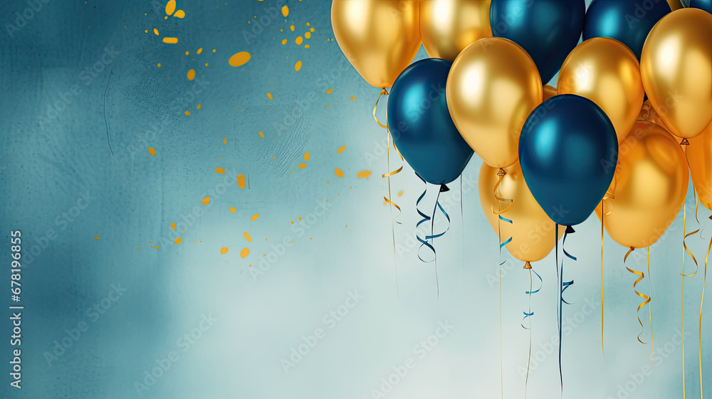 Holiday background with golden and blue metallic balloons, confetti and ribbons. Festive card for birthday party, anniversary, new year, christmas or other events. 