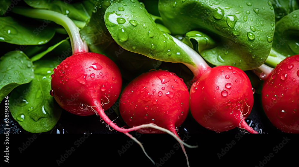 bunch of radishes, Fresh red radish vegetables, Summer harvested red radish. Growing organic vegetables. Large bunch of raw fresh juicy garden radish