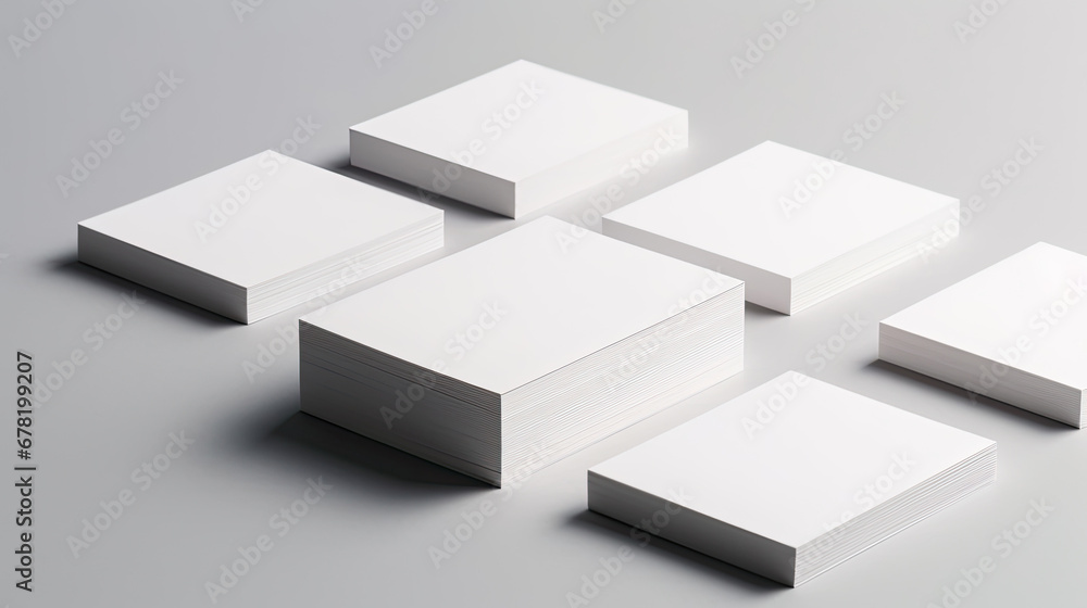 White blank business cards lie on a white clean table, mockup