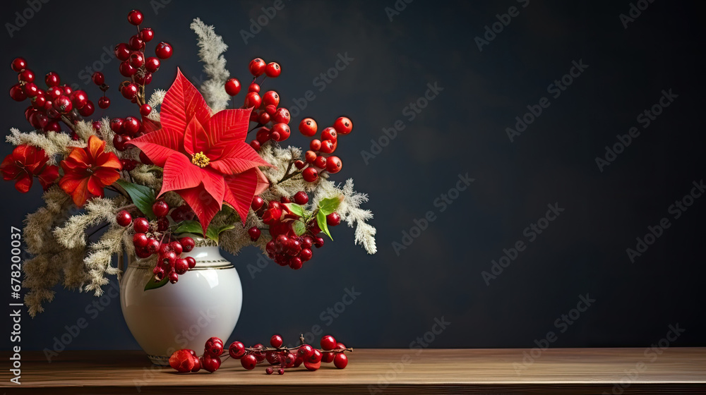 red flowers in vase on wooden table on  black background with copy space