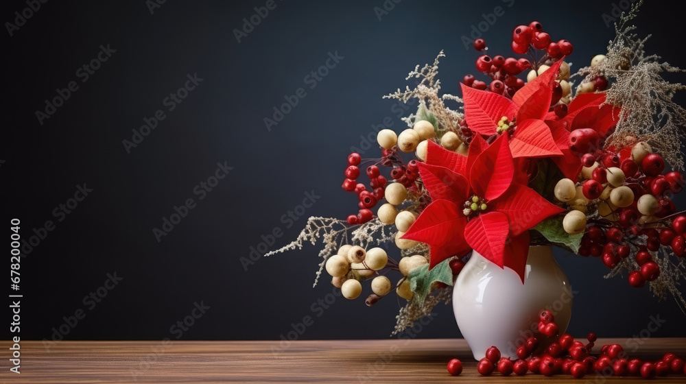 red flowers in vase on wooden table on  black background with copy space