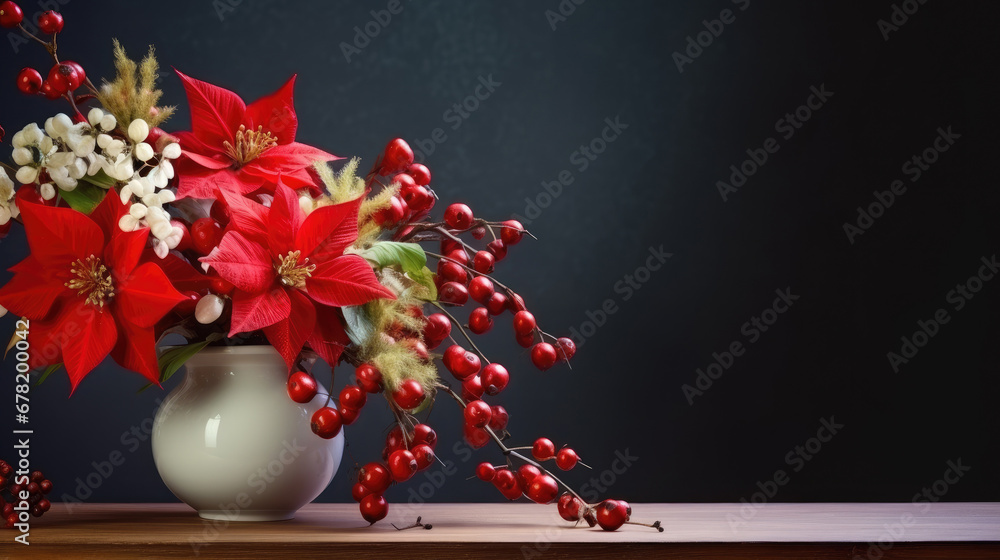 red flowers in vase on wooden table on  black background with copy space