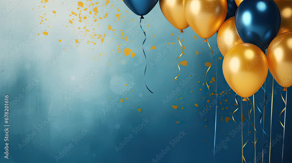 Holiday background with golden and blue metallic balloons, confetti and ribbons. Festive card for birthday party, anniversary, new year, christmas or other events. 