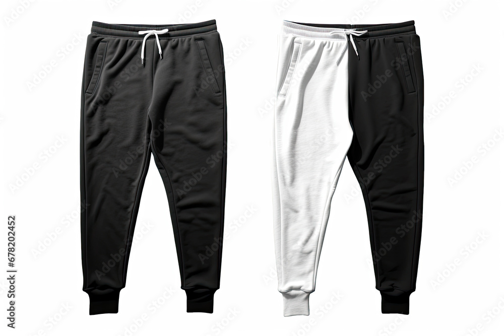 pants isolated on white, Black and white sweat pants or joggers mockup isolated on white background. unisex sport pants.