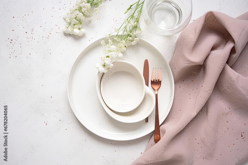 white plate with spoon and fork, Table setting and beautiful gypsophila flowers on white background