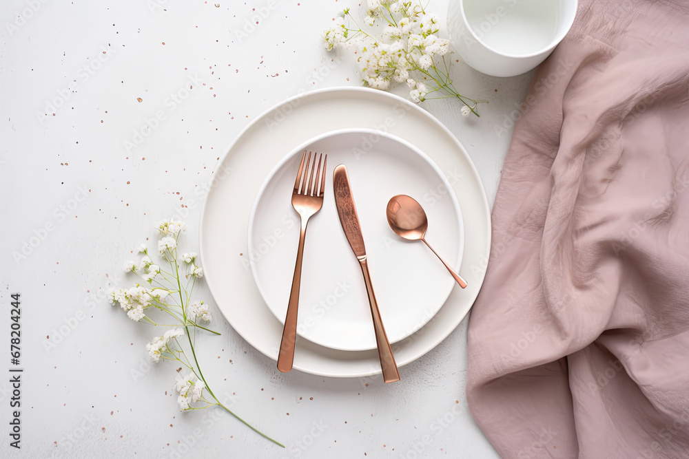 white plate with spoon and fork, Table setting and beautiful gypsophila flowers on white background