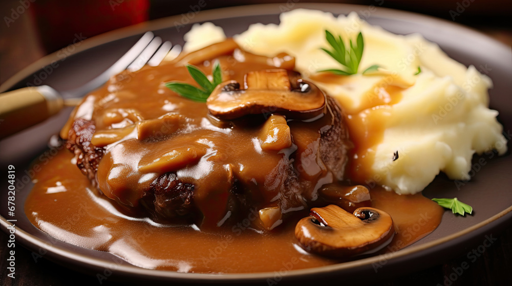 meatballs with mashed potatoes, Traditional American cuisine dish specialty for family dinner holiday celebration,Delicious home cooked Salisbury steak