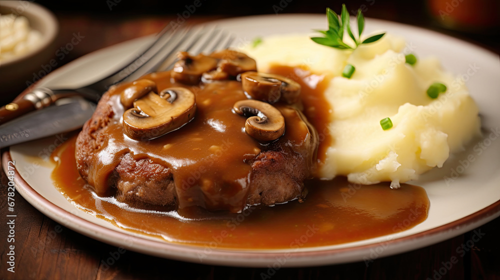 meatballs with mashed potatoes, Traditional American cuisine dish specialty for family dinner holiday celebration,Delicious home cooked Salisbury steak