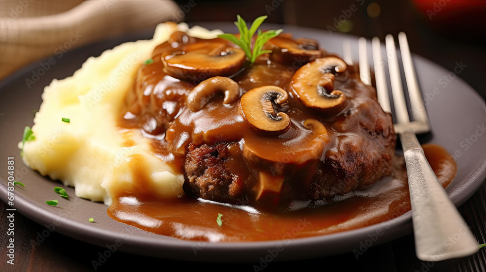 meatballs with mashed potatoes, Traditional American cuisine dish specialty for family dinner holiday celebration,Delicious home cooked Salisbury steak