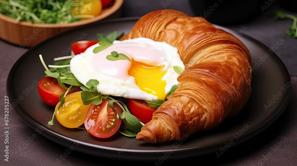 Tasty croissant with fried egg, tomato and microgreens on black plate on brown textured table, 