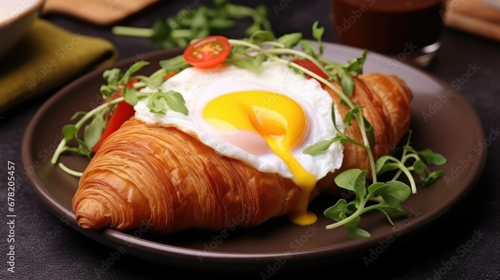 Tasty croissant with fried egg, tomato and microgreens on black plate on brown textured table, 