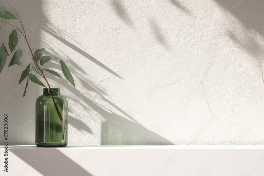 flowers in vase on white wall with copy space,White empty concrete textured wall and podium stage background, green glass vase with plants, neutral sustainable natural brand product showcase template,