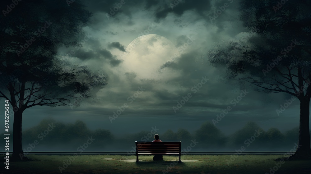 A solitary person is seated on a wooden park bench in contemplation or sadness, surrounded by the tranquility of a deserted park under a gloomy, overcast sky.