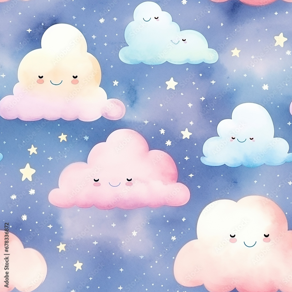 Watercolor seamless pattern with clouds