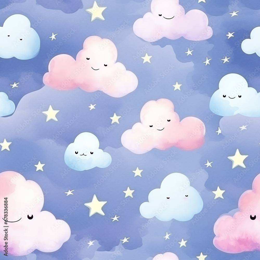 Watercolor seamless pattern with clouds