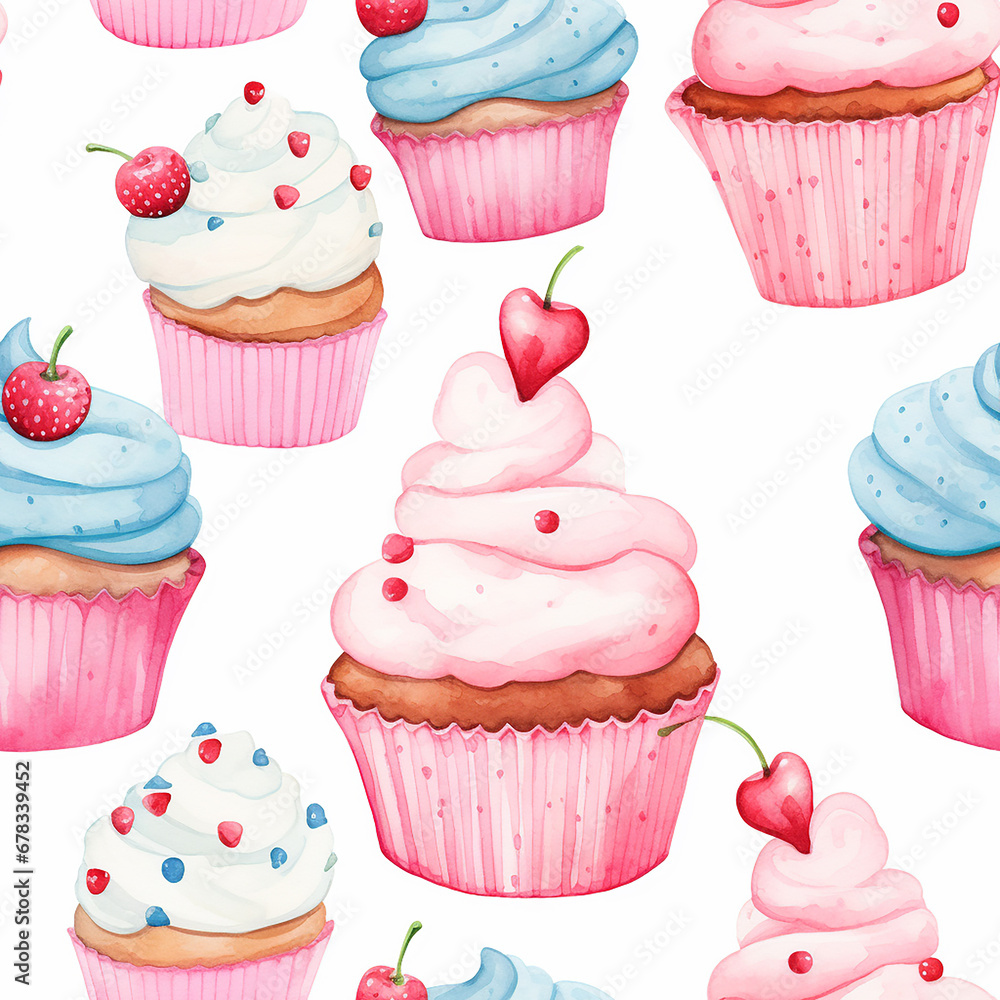 Watercolor seamless pattern with cupcakes