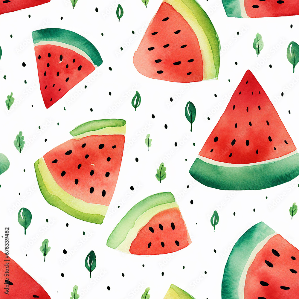 Watercolor seamless pattern with watermelon and hearts