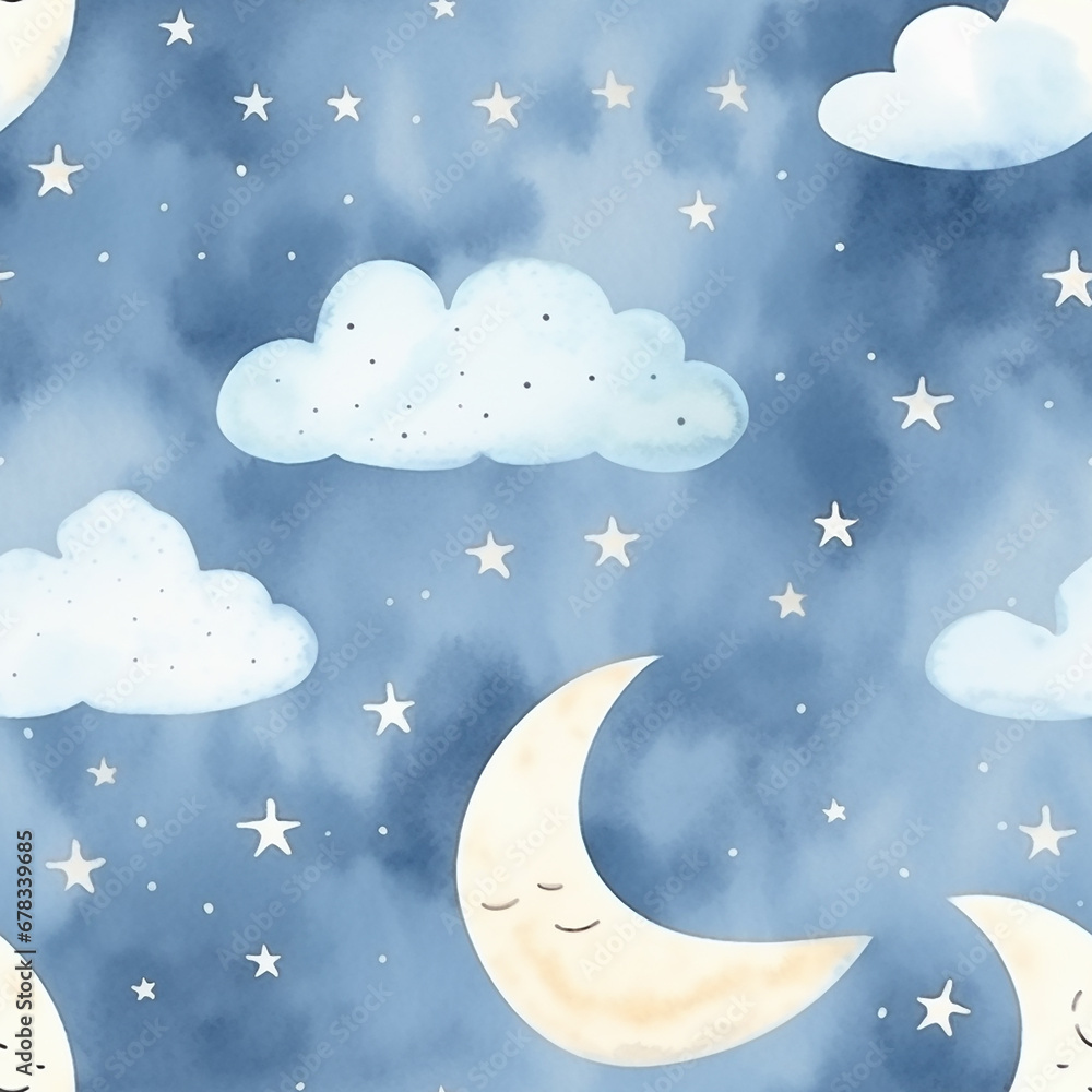 Watercolor seamless pattern with moon and clouds