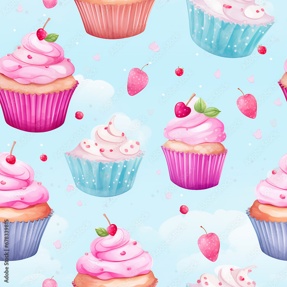 Watercolor seamless pattern with cupcakes