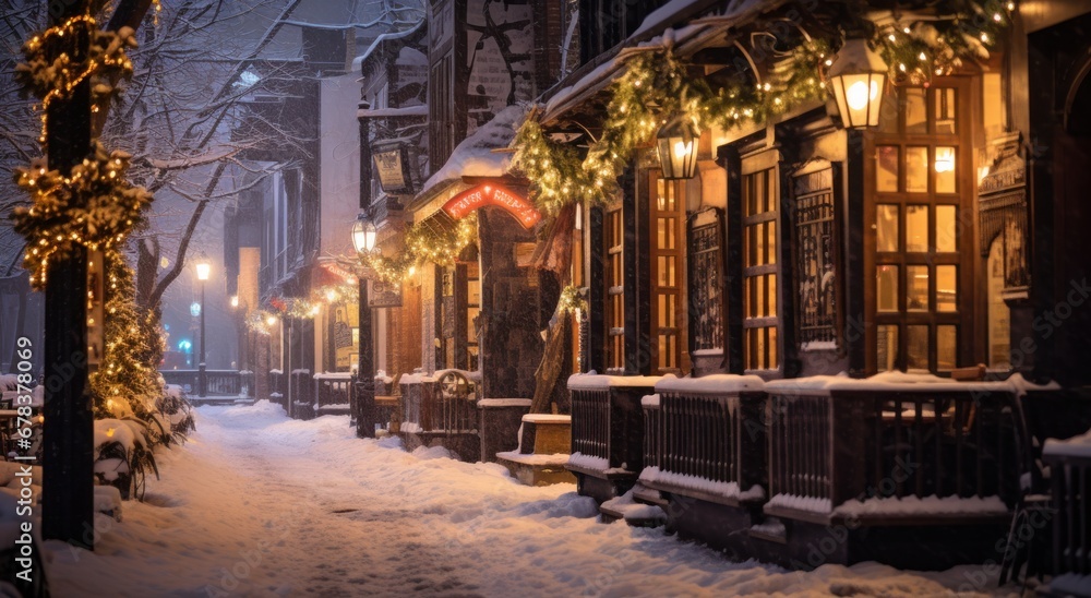 the snowy sidewalk of city at night