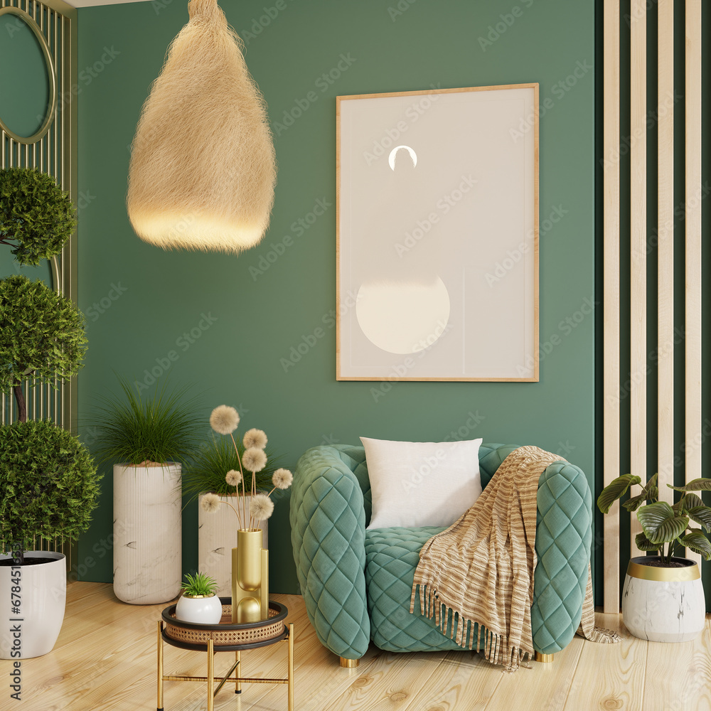 Mock up poster frame in green wall style interior with modern furniture