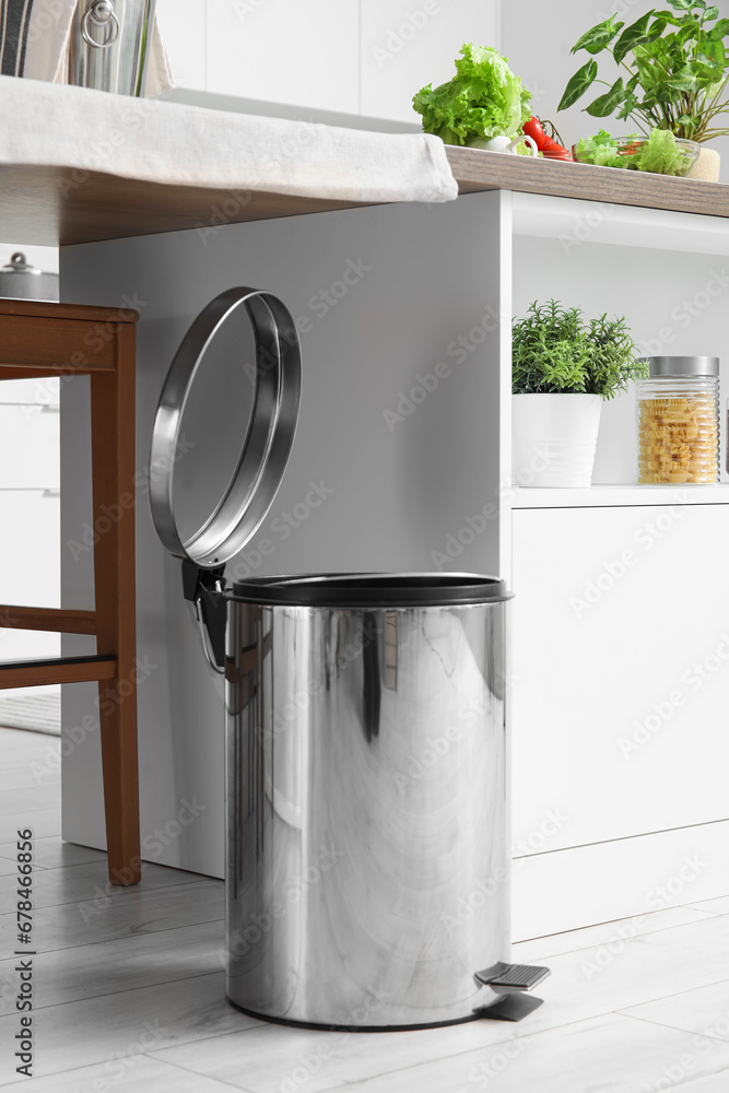 Opened trash bin in interior of light kitchen