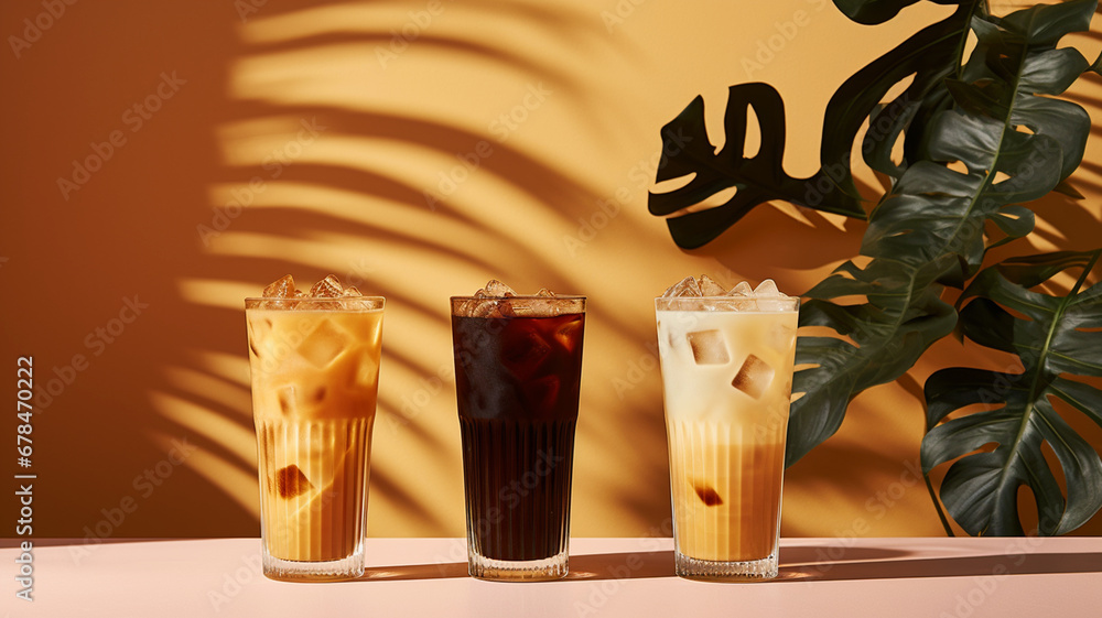 Ice coffee drinks on a minimal background