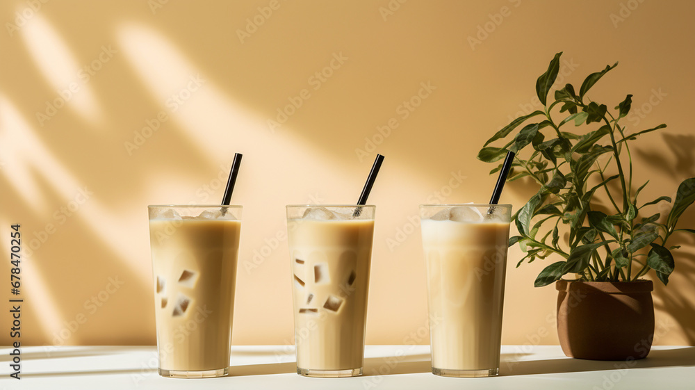 Ice coffee drinks on a minimal background