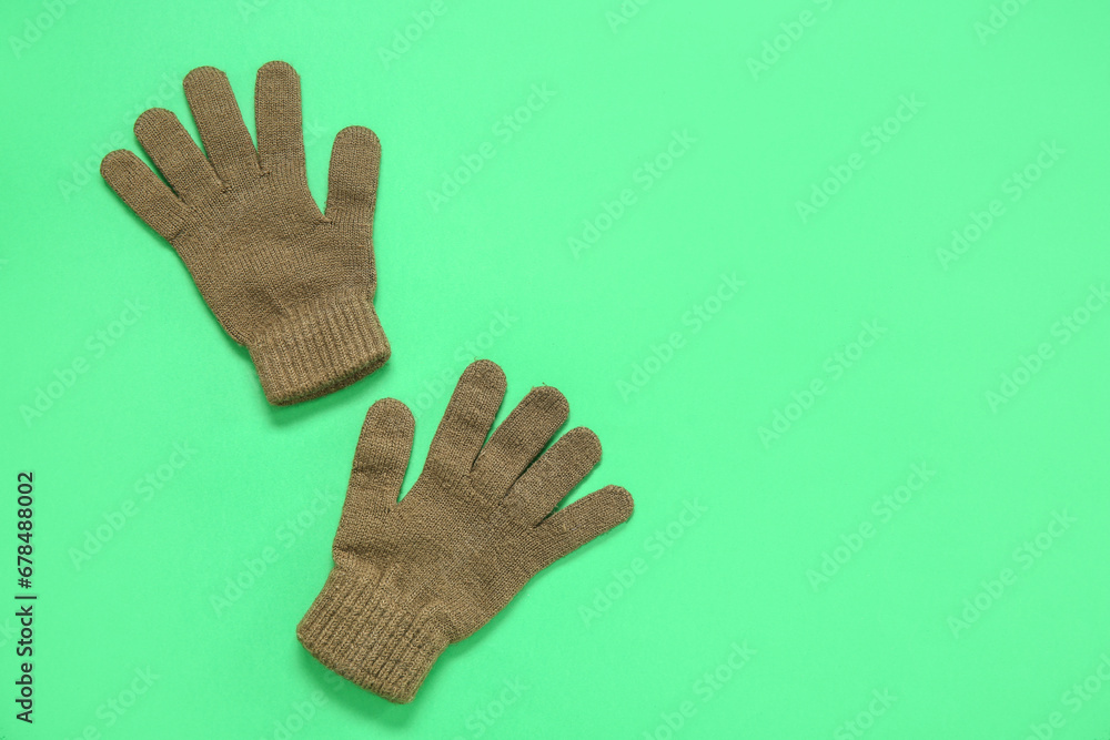 Pair of stylish warm gloves on green background