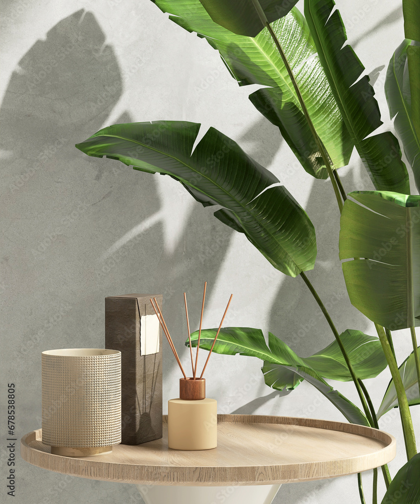 Round wooden podium table, aroma reed diffuser, tropical tree plant in sunlight on wall. Luxury organic cosmetic, skincare, body care, treatment, beauty, fashion product display background 3D