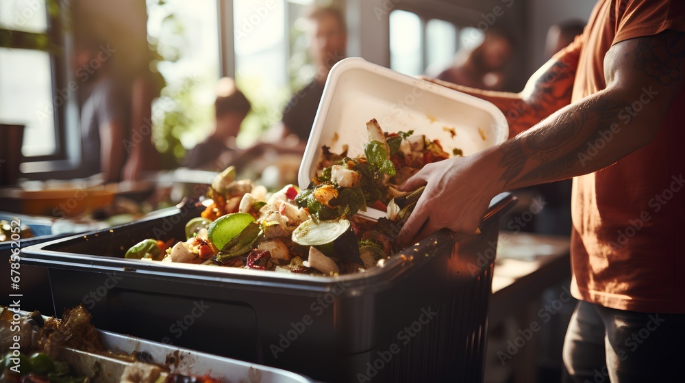 A home composting bin filled with a variety of kitchen scraps, including fruit peels, vegetable trimmings, and other organic food leftovers, promoting sustainable waste management.